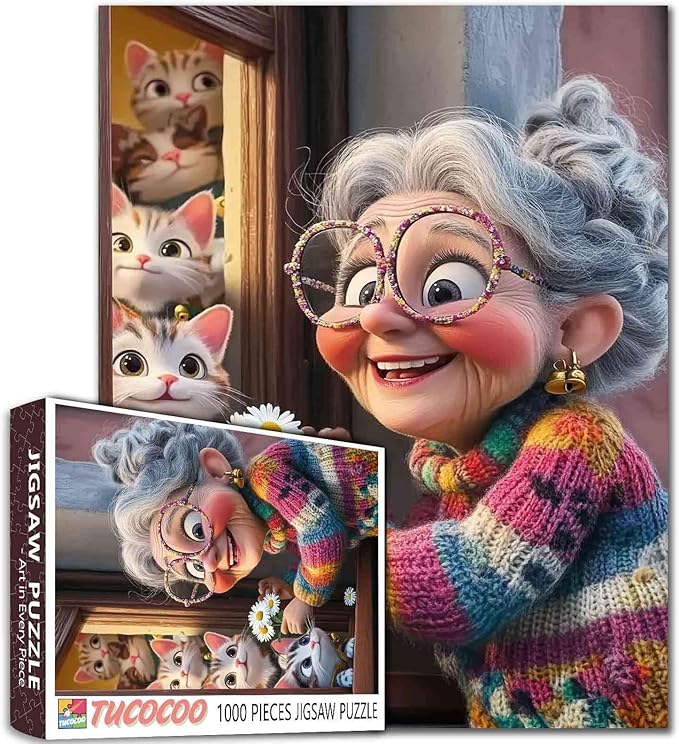Black Hair Woman 1000 Piece Jigsaw Puzzles for Adults Portrait of Grandmother Painting Jigsaw Puzzle Cute Animal Cat 1000 Pieces Puzzles Game Home Wall Decor DIY Craft Puzzle Art Gift (Colorful)