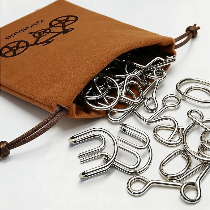 38 PCS Metal Brain Teaser Puzzles Set – Challenging Disentanglement Logic Lock Games for Adults, IQ Mind Toy Gift for Teens & Kids in Portable Travel Pouch
