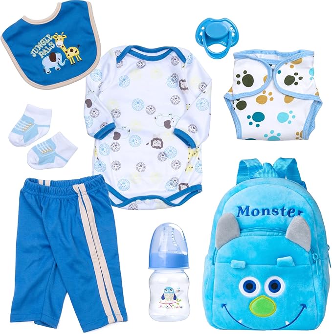 PEDOLLTREE 8 Pcs Reborn Baby Dolls Clothes Boy Accessories Outfit for 18-22 Inch Newborn Baby Reborn Dolls Clothes with Blue Monster Backpack