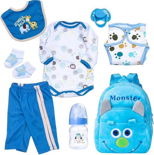 PEDOLLTREE 8 Pcs Reborn Baby Dolls Clothes Boy Accessories Outfit for 18-22 Inch Newborn Baby Reborn Dolls Clothes with Blue Monster Backpack