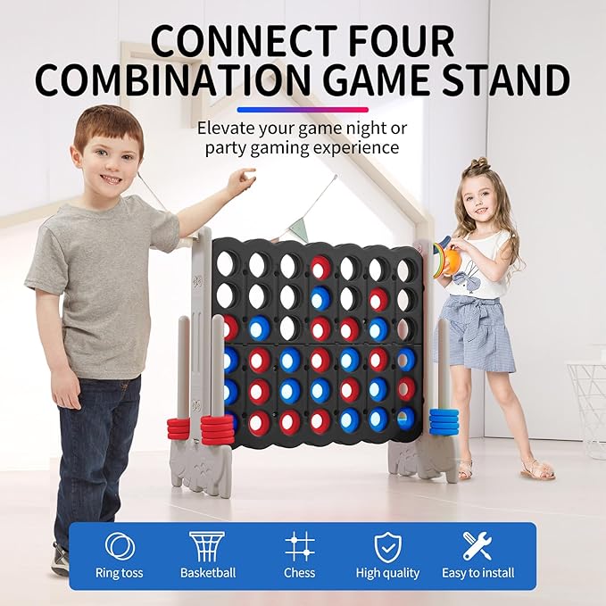 UNICOO Giant 4-in-a-Row Game with Carry Bag, 3-in-1 Jumbo 4-to-Score Outdoor Yard Game with Basketball Hoop, Ring Toss, Quick-Release Slider, 42 Rings, Family Party Game for Kids & Adults