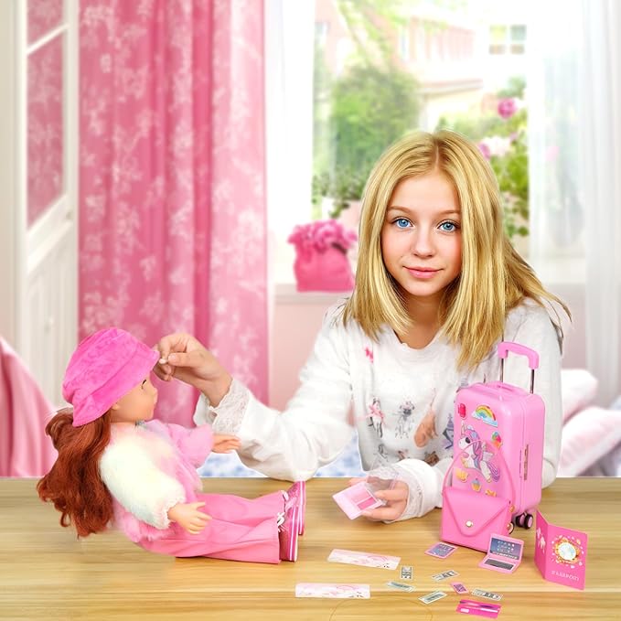 WONDOLL American 18 inch Doll Clothes and Accessories Girl-Travel Suitcase Luggage, Clothes and Shoes, Bag, Sunglasses, Camera, Passport, Notebook, Phone, pad Travel Gear Play Set(No Doll)