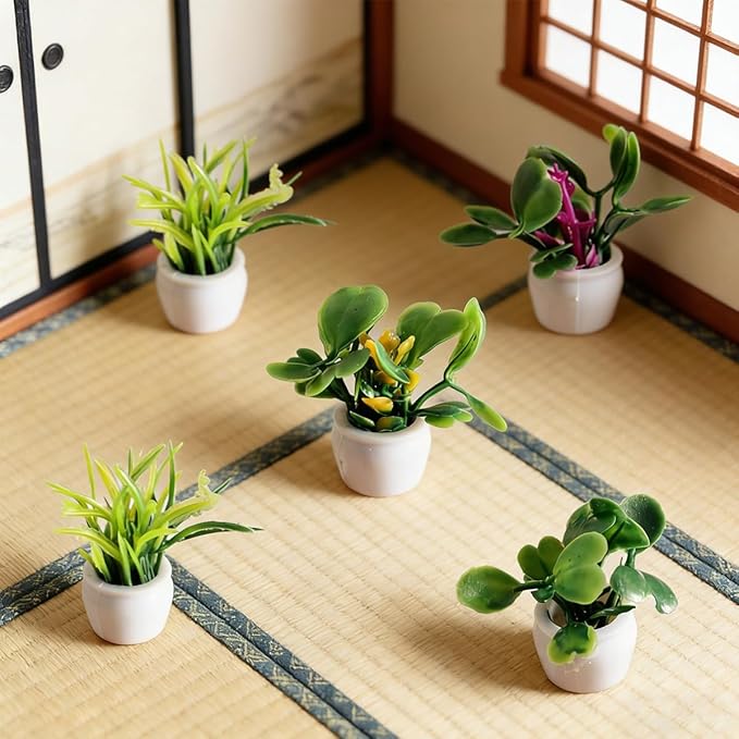 8Pcs 1/12 Scale Dollhouse Miniature Plants, Artificial Potted Greenery Tiny Flower Pots for DIY Crafts & Fairy Garden Micro Landscape Decoration (MiniPlantPot)