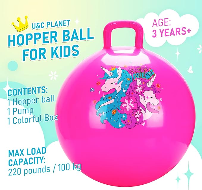 U&C Planet Hopper Ball 18 inches Bouncy Ball with Handle for Kids Age 3-6, Sit on Bounce Jumping Hopping Toy with Pump, Great Toddler Girls Toys for Birthday Gifts, Pink Unicorn