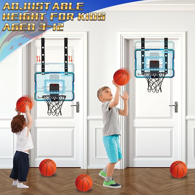Adjustable Height Basketball Hoop Indoor with LED Lights, Basketball Toys Gifts for 5 6 7 8 9 10+ Year Old Boys Kids, Indoor Over The Door Mini Basketball Hoops with Electronic Scoreboard & 3 Balls