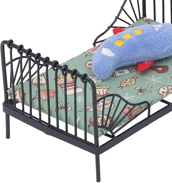 Fydun 1:12 Doll House Bed, 1 12 Children Metal Miniature Bedroom Bed,1 Scale European Furniture Accessory Black Frame with Mattress Pillow for Decor Type B (Type B)