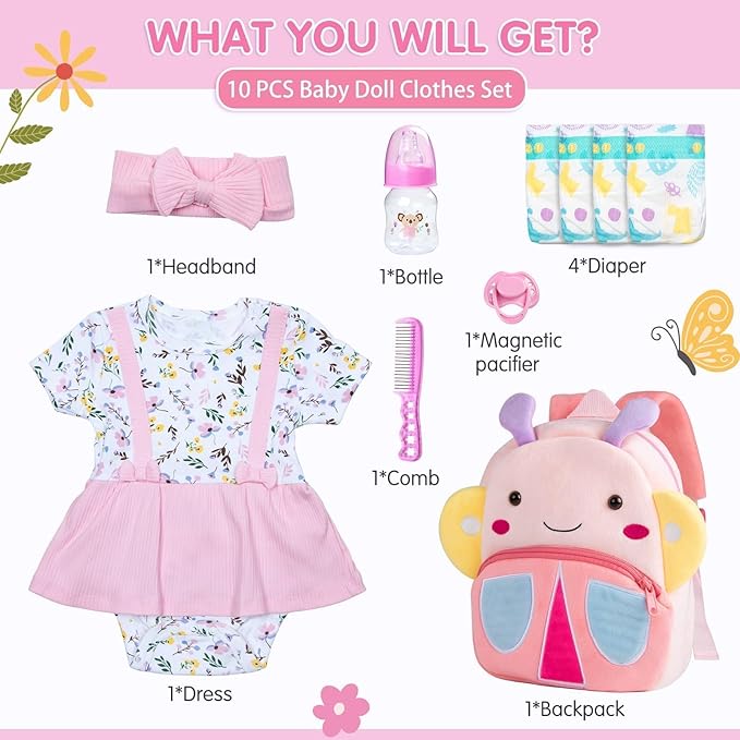 10 Pcs Reborn Baby Doll Clothes Pink Outfit Accessories for 17-22 Inch Reborn Dolls Newborn Girl Baby Clothes Set Flower Dress with Diaper Bag
