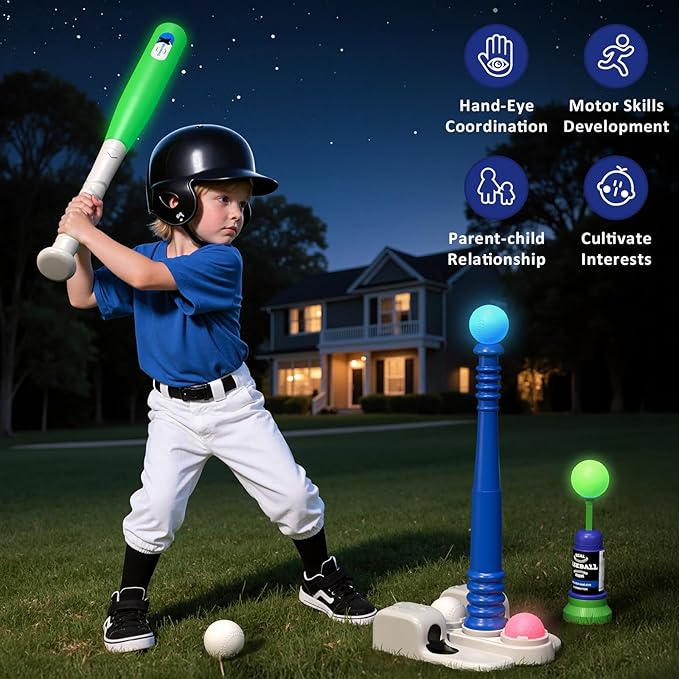 QDRAGON 2 in 1 T Ball Sets for Kids 3-5 5-8, Tee Ball Set with Automatic Pitching Machine/Adjustable Batting Bat & Stand/6 Balls, Baseball Toys Outdoor Sport for Toddlers Boys
