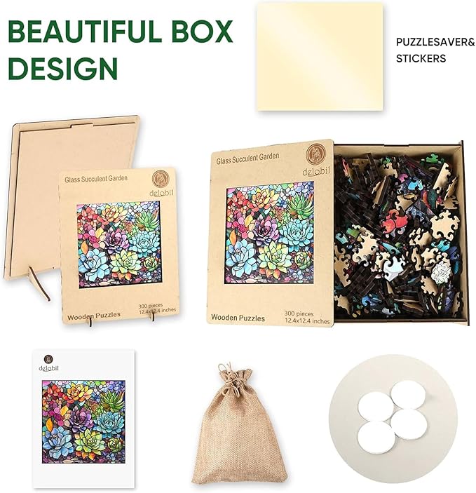 Delobi Stained Glass Puzzle Succulent Wooden Puzzles for Adults 300 Pieces, Unique Challenging Jigsaw Puzzles Gift for Friends Family Game 12.4 x 12.4 Inch