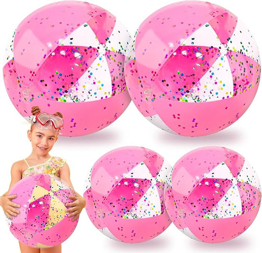 TURNMEON 5 Pcs Glitter Beach Balls, Jumbo 24 Inch & 16 Inch Sequins Pink Inflatable Beach Balls for Kids Toddlers Adults Summer Pool Balls Beach Toys Outdoor Pool Party Favors