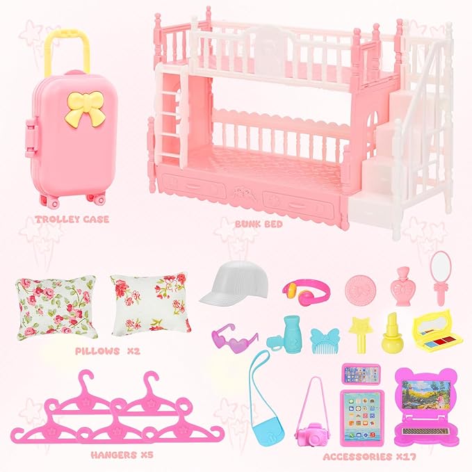 43 Pcs 18 Dresses and Accessories Mini Bunk Bed Travel Suitcase with 2 Pillows, 10 Hangers,1 Sunglasses, 1Headset, Pink Computer Set