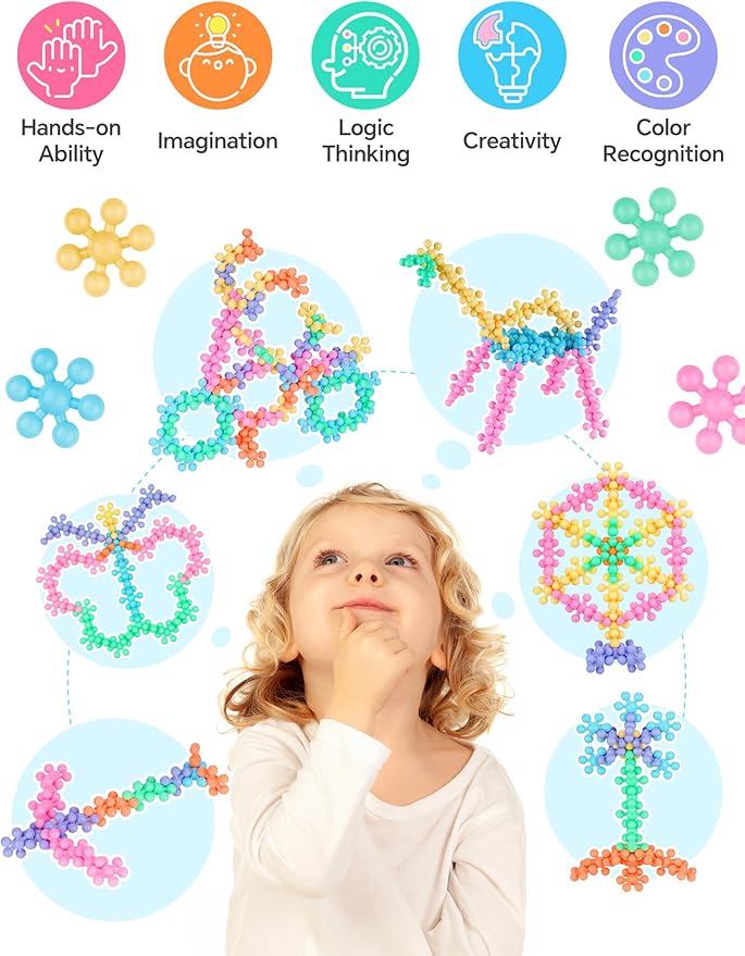 Macaron Color Interlocking Building Blocks Set – 600pcs Snowflake Shape Plastic Construction Toys in 6 Pastel Colors with Storage Box, Educational STEM Blocks for Kids Creative Play (Macaron Colors)