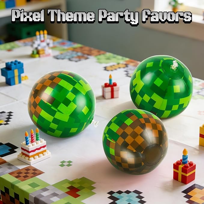24 Pack Pixel Themed Beach Balls - 6 Inches Green and Brown Inflatable Floating Balls for Birthday Party Decorations, Summer Pool and Beach Game, and Bulk Birthday Party Favors
