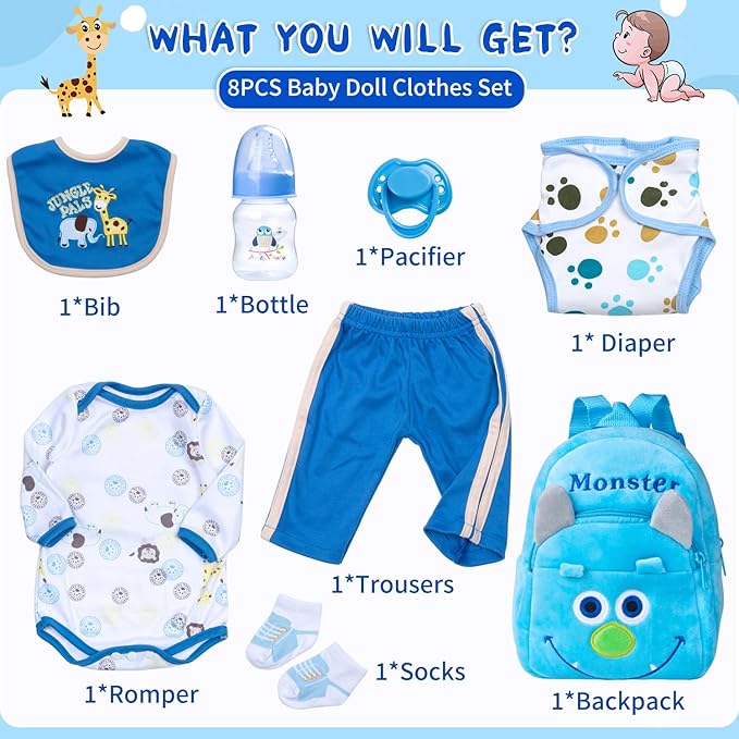 PEDOLLTREE 8 Pcs Reborn Baby Dolls Clothes Boy Accessories Outfit for 18-22 Inch Newborn Baby Reborn Dolls Clothes with Blue Monster Backpack