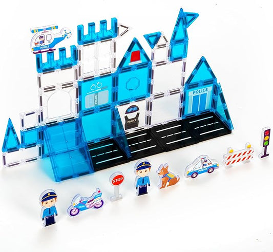 cossy Magnetic Tiles Police Set, Magnet Tiles with Policeman, Magnetic Tiles for Kids Ages 4-8, STEM Toys, Toys for 3 4 5 6 7 8 Year Old Boy and Girl, Creative Building Toys, Police