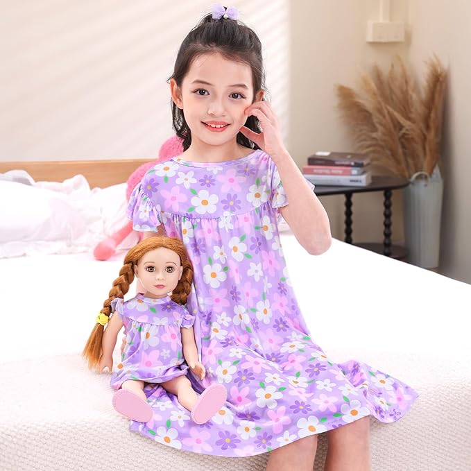 ICOSY Matching Doll & Girls Nightgowns Clothes Girls Pajamas Sleepwear Outfit for Kids and 18" Girl Doll