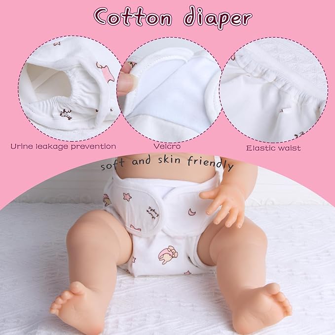 9 Pcs Reborn Baby Doll Accessories Pink Clothing Set with Bassinet for 17-22 Inch Reborn Baby Dolls Clothes Girl Cute Apple Patterns
