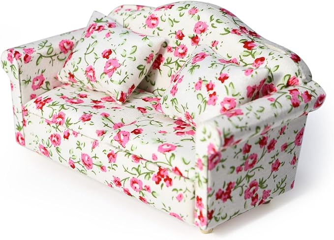 Dollhouse Couch Miniature Sofa with Pillows Dollhouse Living Room Funiture 1:12 Scale Model 3 Pcs High Simulation Upholstered Wooden Fabric Armchair Mini Room Artificial House Scene Decoration (Rose)