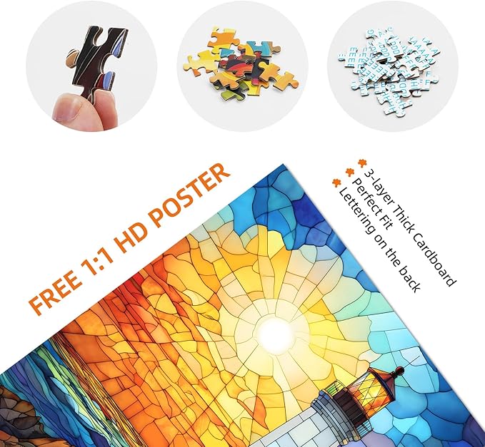 Colorful Stained Glass Lighthouse Puzzle - 1000 Pieces Impossible Puzzle for Adults - Jigsaw Puzzle Adventure (19.7x27.6 in)