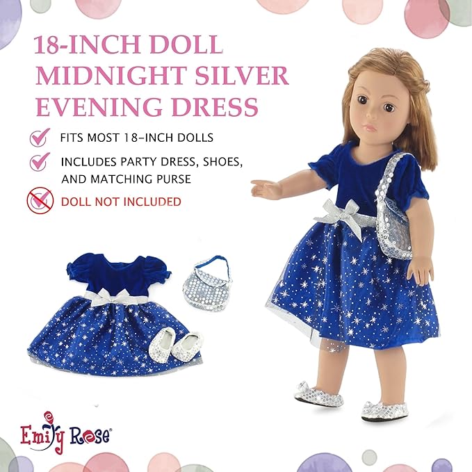 Emily Rose 18" Doll Holiday Dress Set - Midnight Star Sparkly Blue Party Dress with Silver Sequin Shoes & Purse - Premium Gift Boxed Outfit Compatible with American Girl & Most 18 Inch Dolls