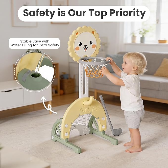 4-in-1 Toddler Basketball Hoop Indoor Adjustable Height Outdoor Sports Center for Kids Aged 1-3 Basketball, Soccer, Hockey & Ring Toss, Yellow and Green