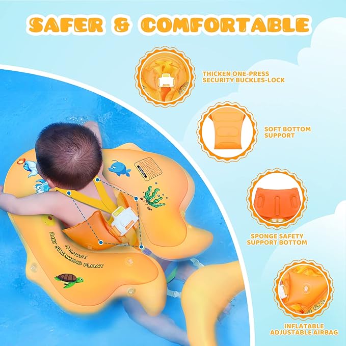 No Flip Over Baby Pool Float with Canopy UPF50+ Sun Protection, Inflatable Baby Float with Sponge Safety Support Bottom, Fun Gifts Water Toys Accessories Baby Swim Floats for Pool 3-36 Months