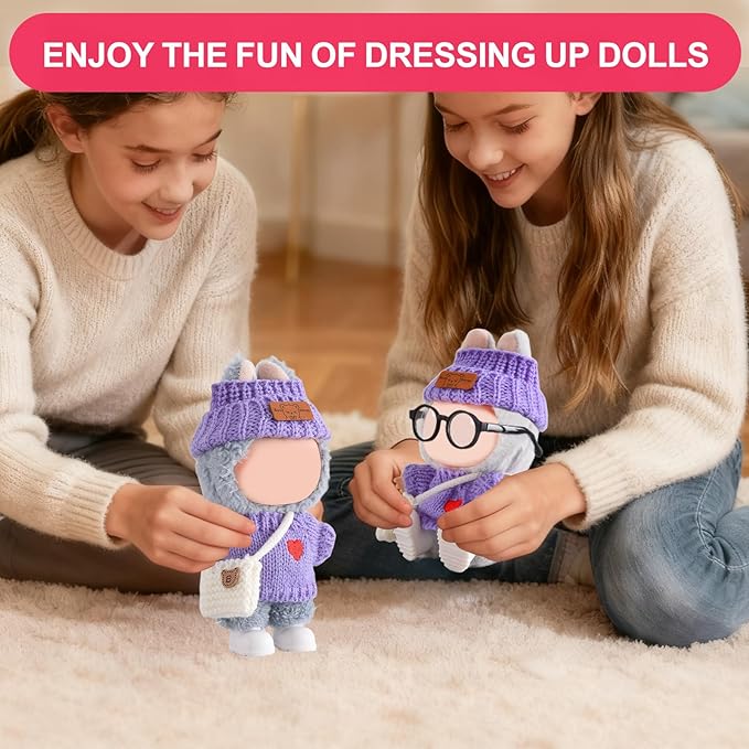 Doll Clothing for Labubu, Premium Outfits for Labubu Dressing up, Handcrafted Crochet Doll Accessories for Labubu with Sweater, Hat, Glasses, Small Bag, Boots(Purple)