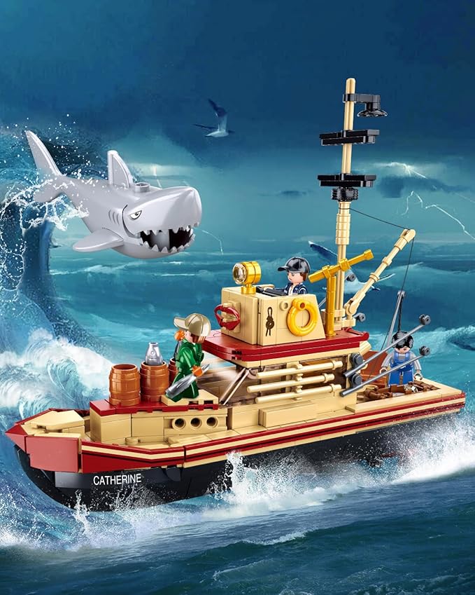 Sluban City Building Set with Shark Toys, Fishing Boat Building Toys with 3 Fisherman Minifigures, Suitable for Adult and Kids, Compatible with Lego, 592 PCS