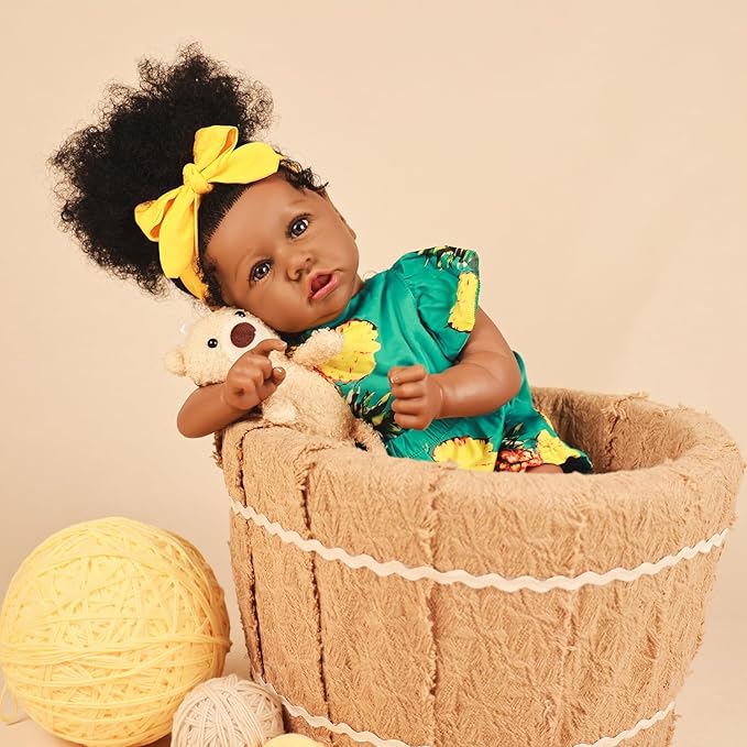 HOOMAI Reborn Baby Black Dolls African American Lifelike Silicone Doll Realistic 22.8 Inch with Cloth Body Birthday Gift Set for Ages 3+