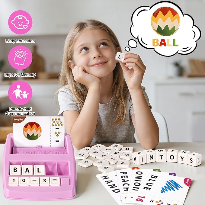 Educational & Learning Toys for Kids, 3-8 Years Old Matching Games with Letter & Math Flash Cards, Christmas Birthday Gifts for Preschool Boys Girls Grandkids- Pink