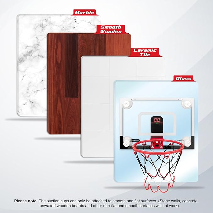 BOHEN Indoor Mini Basketball Hoops with Powerful Suction Cup, Stick to Windows, Wooden Doors, Smooth Walls - Basketball Backboard Indoor Bedroom Office for Kids Teens Adults