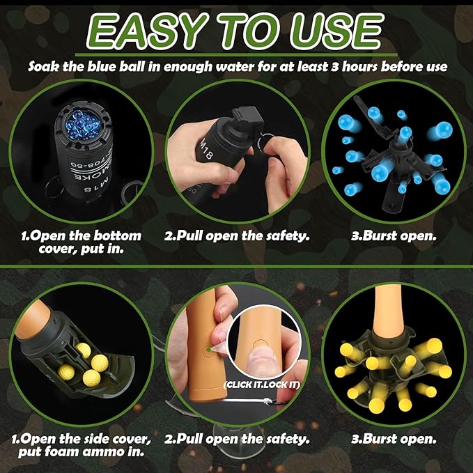 8Pcs Toy Hand Grenade for Tactical Game with 50 Round Ammo Model Battle Fake Grenade Toys for Outdoor Sport Role Play Prop Game,14+ and Adults