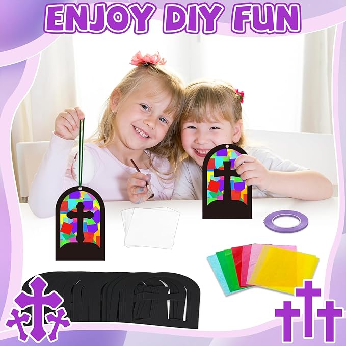 QOUBAI 32 Sets Cross Suncatchers Craft Kit DIY Religious Window Stained Glass Effect Christian VBS Paper Hanging Ornament Kid Easter Sunday School Birthday Gift Creative Art Project Activity Game