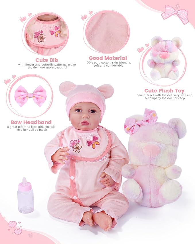 BABESIDE 8 Pcs Reborn Baby Doll Clothes with Bassinet for 17-22 Inch Babydolls, Reborn Baby Doll Accessories and Baby Dolls Clothes fit Realistic Baby Dolls Girl, Pink