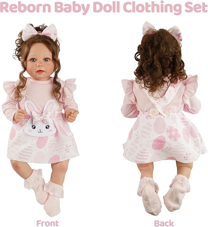 BABESIDE Easter 4 Pcs Reborn Baby Doll Clothes and Accessories for 17-20 Inch Baby Dolls, Easter Pink Bunny Dolls' Clothes Set with Headband (Doll NOT Included)