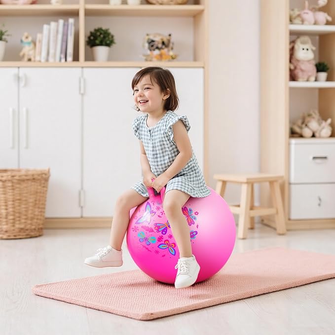 EVERICH TOY Hopper Ball, Pink Butterfly Hopping Toys for Kids, 20 Inch Bouncy Ball with Handle, Indoor Outdoor Inflatable Hippity Hop Toy for Girls Boys Gift with Free Pump