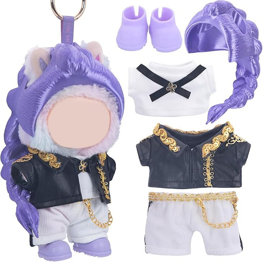 Use for Labubu Outfits KPDH Clothes and Accessories Set Designer,17cm Doll Kpop Clothes Outfits 3D Printed Purple Wigs Compatible with Labubu Doll