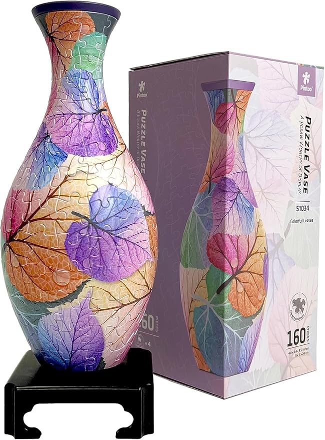 Pintoo 3D Puzzle Vase Unique Flower Vase Made By 160 Curved Plastic Puzzle Pieces House Warming Gift for Flower Arrangements and Home Decoration, for Mom [S1034] (Classic, Colorful Leaves)