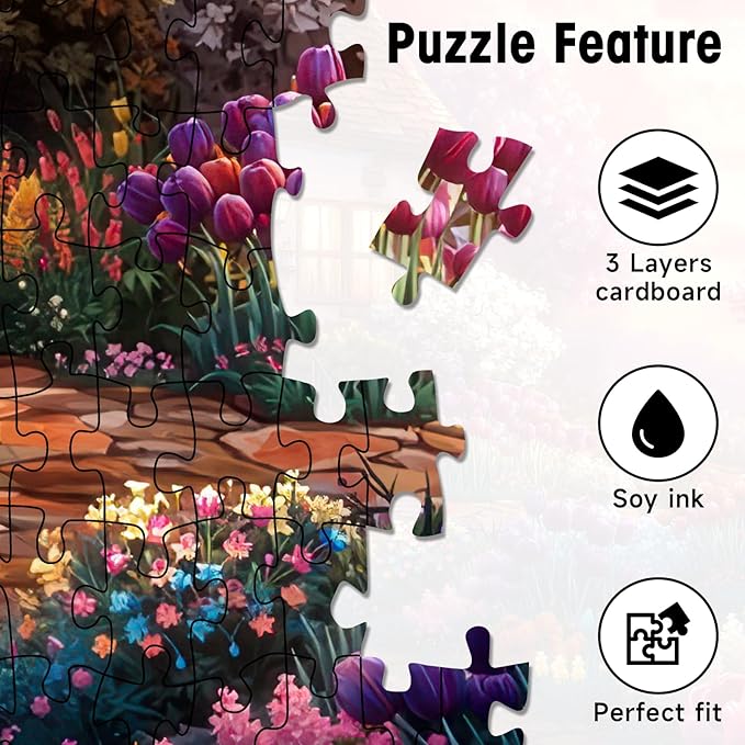 1000 Pieces Jigsaw Puzzles for Adults, Dreamy Cottage Garden with Tulips Puzzle with Letters on Back, 22.8×22.8 Inch Hard Difficult Challenging Adult Puzzle for Gift & Home Decor