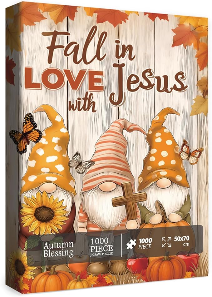 Fall Autumn Thanksgiving Puzzle for Adults 1000 Pieces, Christian Religious Jesus Jigsaw Puzzle, Gnome Pumpkin Sunflower Butterfly Scripture Bible Cross Puzzle