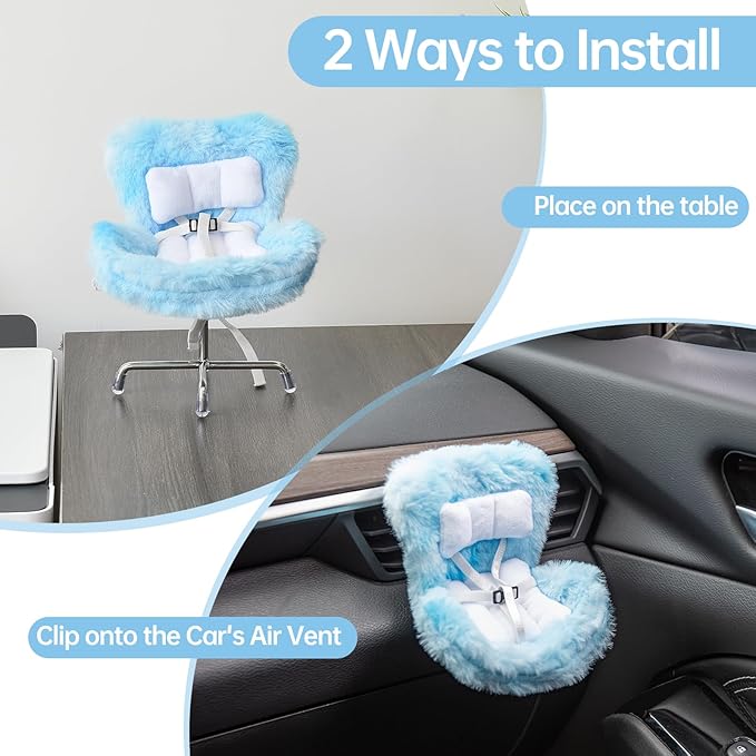 Doll Car Seat Compatible with Bubudoll, Small Seat for 10-17cm Blind Box Toys, Including Air Vent Clip, Desktop Stand, Adjustable Safety Strap, Airflow-Friendly Design, Ideal Car Decor Gifts(Blue)