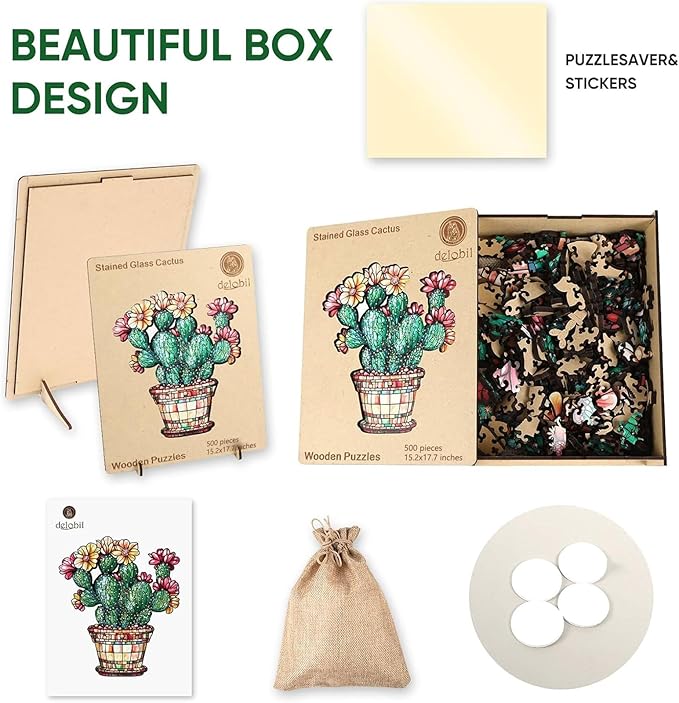 Delobil Stained Glass Cactus Wooden Puzzles for Adults, 500 Pieces Jigsaw Puzzles, Unique Shaped Royal Size Wood Puzzle Gift for Adults and Kids, Family Game 15.2'' x 17.7''