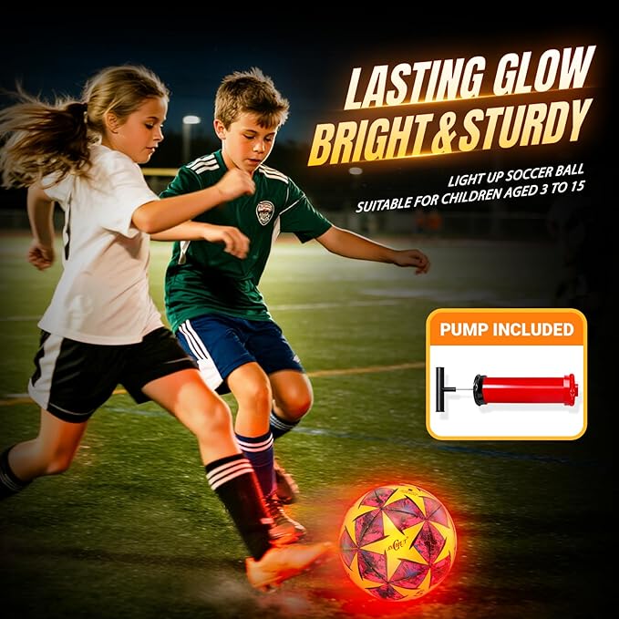 Light Up Soccer Ball Glow in The Dark Size 3/4/ 5 Indoor&Outdoor Sports Gifts Birthday Ideas for 3-15+ Boys, Girls, Teens with Pre-Installed Batteries & Pump