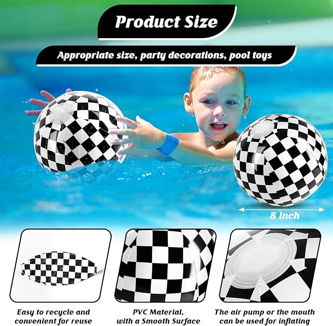 12PCS Race Car Checkered Flag Beach Ball Set–8" Vibrant Black & White Themed Beach Balls for Kids’ Racing Birthday Parties,Summer Pool Games,End of Year Class Decorations,Bulk Party Favors