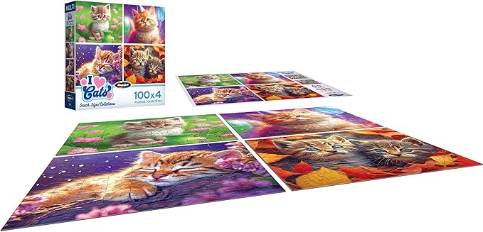 RoseArt - Snack Size Multi-Puzzle Set - I Love Cats - 4 x 100 Piece Jigsaw Puzzle for Adults