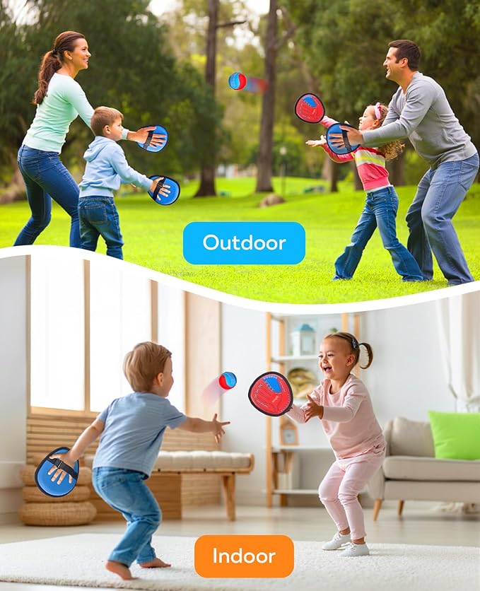 JoyCat Toss and Catch Ball Game for Kids, 2 Paddle Sticky Ball Set, Toddler Baseball Catch Toy, Outdoor Game for Beach, Yard & Camping, Sports Easter Basket Stuffer Gifts for Boys Girls Ages 3-12