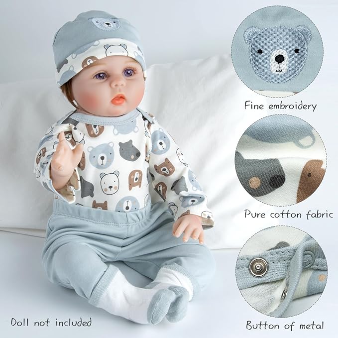 Reborn Baby Doll Clothes Boy Accessories 18-22 Inch Reborn Doll Clothes for Baby Doll Clothing Blue Bear 4 Pieces Set