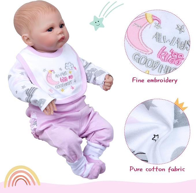 4 Pcs Reborn Baby Doll Clothes Set for 17-22 Inch Babydolls, Reborn Baby Doll Accessories Clothes with Moon & Star for Realistic Babydolls Girls, Pink