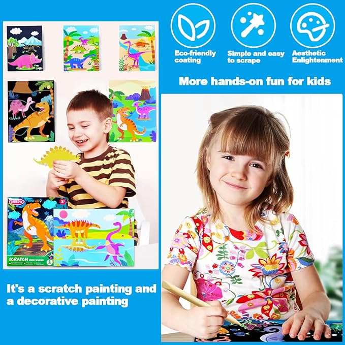 JUNQIU Scratch Art for Kids, Dinosaurs Black Rainbow Scratch Art Paper Set-Arts and Crafts & Supplies, DIY Activity & Party Games, Gifts for Toddlers, Girls & Boys Ages 3, 4, 5, 6, 7, 8