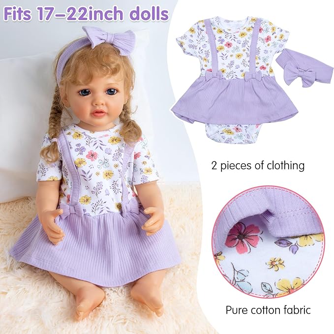 10 Pcs Reborn Baby Doll Clothes with Bassinet for 17-22 Inch Reborn Dolls, Baby Girl Doll Outfits Floral Dress Newborn Baby Doll Accessories Set - Feeding and Caring Set with Bottle Magnetic Pacifier